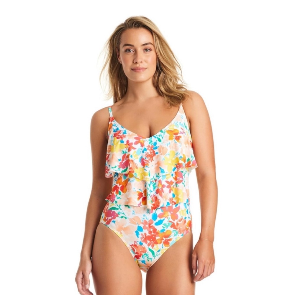 NWT ELLEN TRACY ruffled, multi colored floral swimsuit sz 6